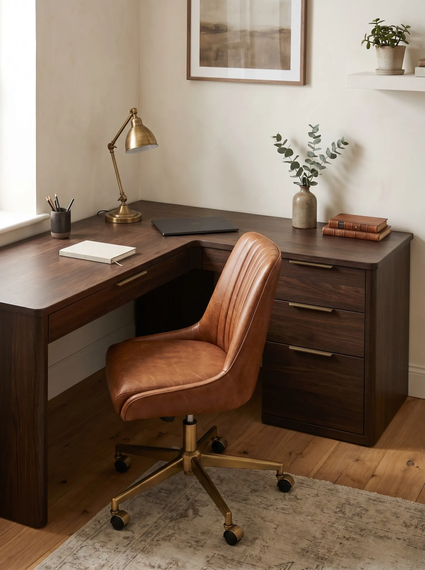 Compact oak home office desk with drawer storage, soft daylight, and minimal accessories